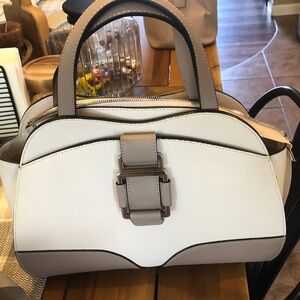 NICOLI White and Taupe Structured Satchel with Buckle Accent